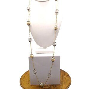 Vintage TRESKA Faux Pearl and Clear Beads Station Necklace, Silver Tone Chain